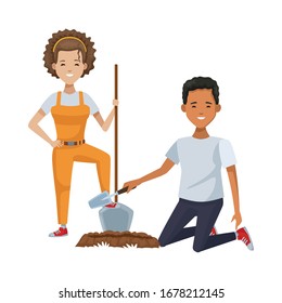 environmentalists couple planting with shovel vector illustration design