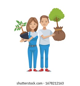 environmentalists couple planting tree characters vector illustration design