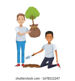 environmentalists men planting avatars characters vector illustration design