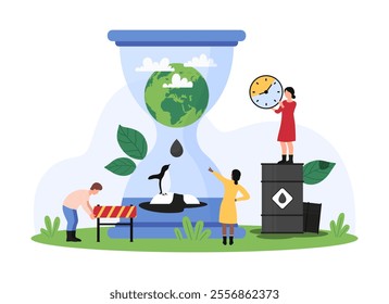 Environmentalists and workers manage oil pollution, giant hourglass with a globe and oil drop. The scene features oil barrels and a clock, highlighting the urgency of conservation vector illustration