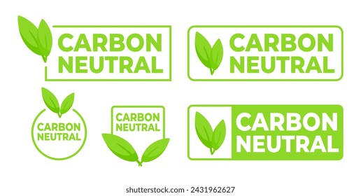 Etiquetas ecológicas en verde con texto Carbon Neutral y un símbolo de hoja, para productos que apoyan prácticas sostenibles.