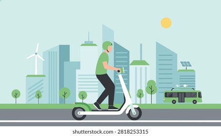 Environmentally conscious man rides a white electric scooter along a city road with wind turbines and solar panels.
