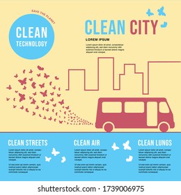 Environmentally Friendly Bus In The City. Exhaust Fumes In The Form Of A Cloud Of Butterflies. Environmental Protection Concept. Poster.