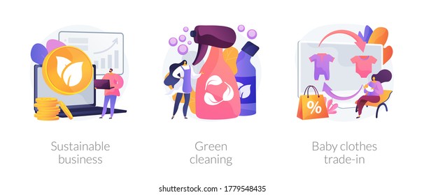 Environmentally friendly business abstract concept vector illustration set. Sustainable business, green cleaning, baby clothes trade-in, second hand, eco service, save ecosystem abstract metaphor.