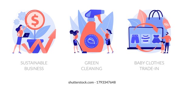 Environmentally friendly business abstract concept vector illustration set. Sustainable business, green cleaning, baby clothes trade-in, second hand, eco service, save ecosystem abstract metaphor.