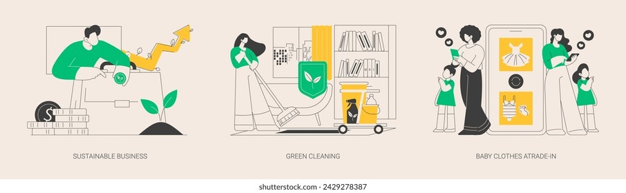 Environmentally friendly business abstract concept vector illustration set. Sustainable business, green cleaning, baby clothes trade-in, second hand, eco service, save ecosystem abstract metaphor.