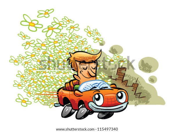 Environmentally Friendly Car\
Cartoon with Driver and a Background (flowers coming out of the\
exhaust pipe)