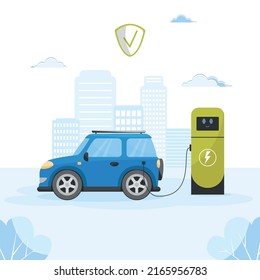 Environmentally friendly car concept. Electric car. Vector car on a city background. The concept of environmentally friendly vehicle, charging electric cars at an electric charging station, environmen