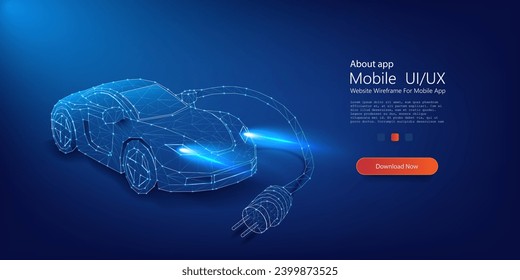 С concepto de un coche respetuoso con el medio ambiente. Concepto de vehículo eléctrico futurista con alambre brillante y toma de corriente.  ilustración vectorial