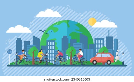 Environmentally friendly city. Bike Lane. People ride bicycles.