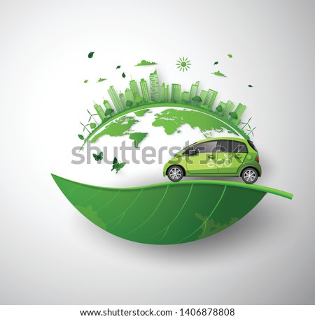 Environmentally friendly city on a leaf with electric car and plug cable.