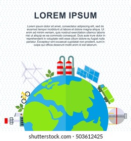 Environmentally friendly city with renewable energy, solar panels, wind generators. Clean air and water. Green world. Flat vector Green world illustration. Objects isolated on a white background.