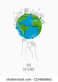 Concepto ambientalmente amigable. eco con el mundo, mapa mundial y manos para salvar el medio ambiente, salvar el planeta verde limpio, concepto de ecología. para el día mundial de la tierra.  diseño vectorial.