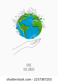 Concepto ambientalmente amigable. eco con el mundo, mapa mundial y manos para salvar el medio ambiente, salvar el planeta verde limpio, concepto de ecología. para el día mundial de la tierra.  diseño vectorial.