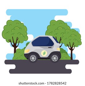 concepto respetuoso con el medio ambiente, coche eléctrico en la carretera, con diseño de ilustraciones vectoriales de plantas arbóreas
