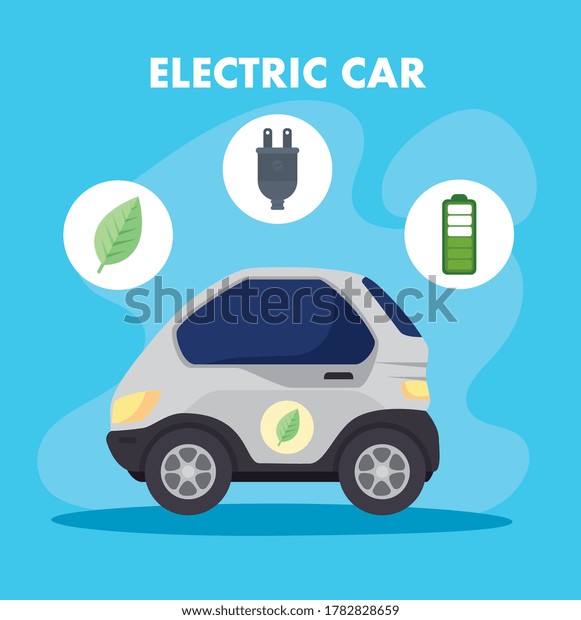 environmentally\
friendly concept, electric car with icons of leaf, plug ,battery\
charger vector illustration\
design