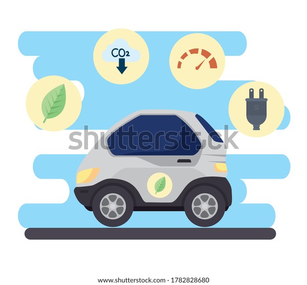 environmentally\
friendly concept, electric car, with benefit icons of car eco\
friendly vector illustration\
design