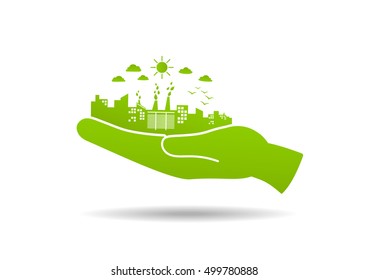 Environmentally friendly concept, Green city save the world with hand sign, vector illustration