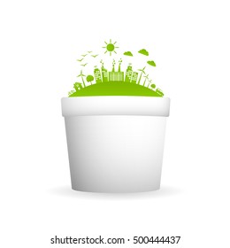 Environmentally friendly concept, Green city in white flower pot, vector illustration