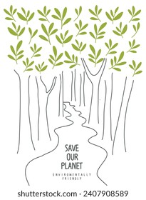 Concepto ambientalmente amigable. Coronas de árbol con hojas verdes y dibujos animados a mano de troncos de árbol. Salvar el medio ambiente rescatar los bosques. Plantar el árbol. Detengan la deforestación.