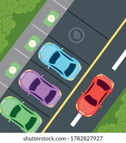environmentally friendly concept, view aerial of, electric cars in parking vector illustration design