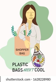 Environmentally friendly concept as woman with textile reusable shopping bags, eco shoppers, vector illustration