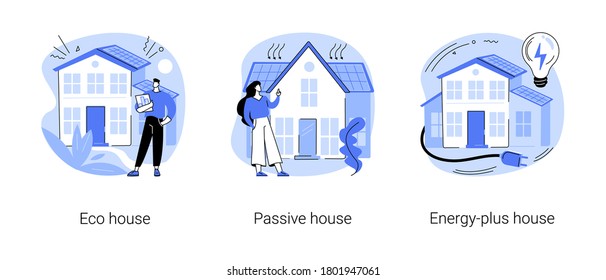 Environmentally friendly construction abstract concept vector illustration set. Eco house, passive and energy-plus building, waste recycling, heating efficiency, sustainable home abstract metaphor.