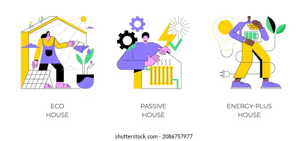 Environmentally friendly construction abstract concept vector illustration set. Eco house, passive and energy-plus building, waste recycling, heating efficiency, sustainable home abstract metaphor.