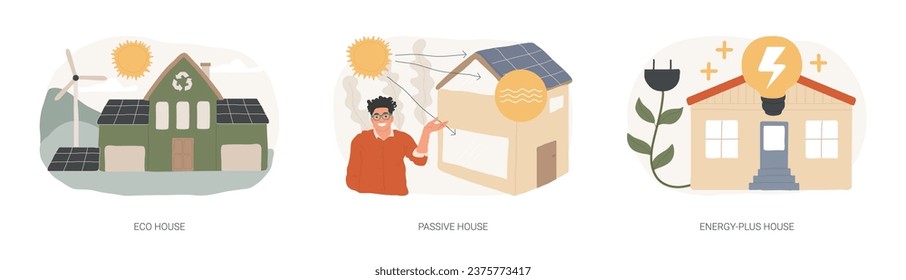Environmentally friendly construction isolated concept vector illustration set. Eco house, passive and energy-plus building, waste recycling, heating efficiency, sustainable home vector concept.