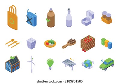 Environmentally friendly consumption icons set isometric vector. Bio consumption. Green energy