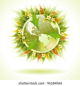 Environmentally Friendly Earth with Arrow and Green Leaves, vector illustration