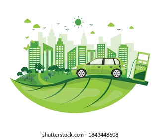 environmentally friendly with eco car on leaf. ecology city concept and sustainable development. isolated on white background. vector illustration in flat style modern design. save energy the world.