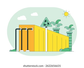 Environmentally friendly, eco-renewable factory. Character design. Vector flat illustration
