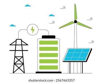 Environmentally friendly electrical energy comes from solar and wind power plants, green energy vector illustration.