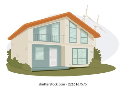 Environmentally friendly electricity production, green energy concept. House with wind turbines. Vector cartoon landscape with modern cottage and windmills