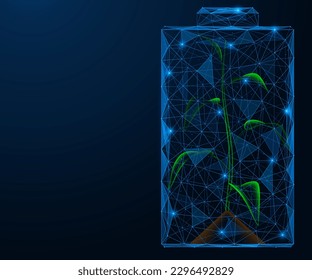 Environmentally friendly energy. Battery with a plant sprout inside. Polygonal design of lines and dots. Blue background.