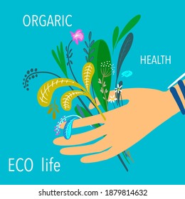 Hierbas, flores y plantas ecológicas en un ramo. Cartel publicitario. Elegante ilustración vectorial de color completo.