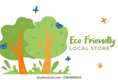 Environmentally friendly household goods and products safe for health. Natural organic food, cosmetics, and clothing from renewable sources. Green tree with butterflies. Vector in flat style