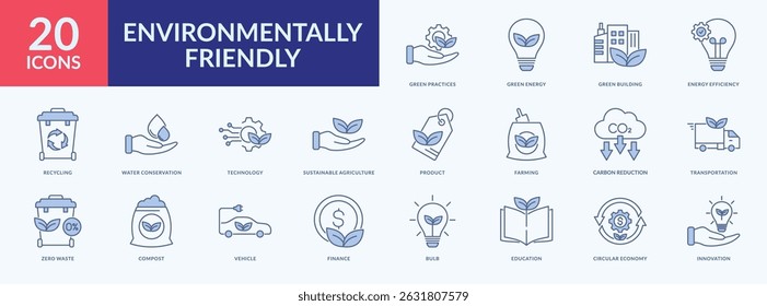 Environmentally friendly icon collection set with green energy, green building, water conservation, sustainable agriculture, carbon reduction