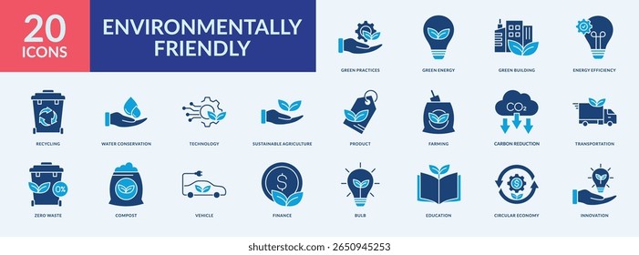 Environmentally friendly icon collection set with green energy, green building, water conservation, sustainable agriculture, carbon reduction