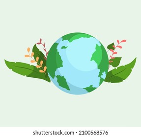 Environmentally friendly icon. Ecological concept with green eco land and blooming beautiful plants. Earth planet with flowers and agriculture elements Cartoon globe, nature with forests and oceans
