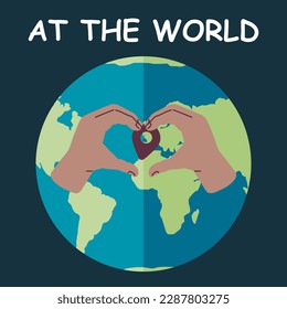 Environmentally friendly icon. Ecological concept with green eco land and human hands in shape of heart. Earth planet with continents and world oceans Cartoon globe, nature with forests and seas