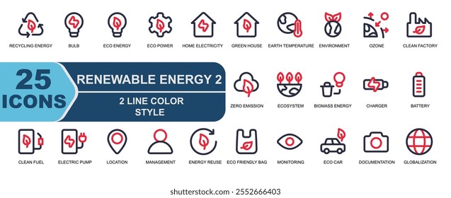 environmentally friendly icon vector.2 line color.energy reuse,leaf,environmentally friendly bag,monitoring,eco car,documentation,camera,globalization,recycling energy,bulb,electricity,eco energy.