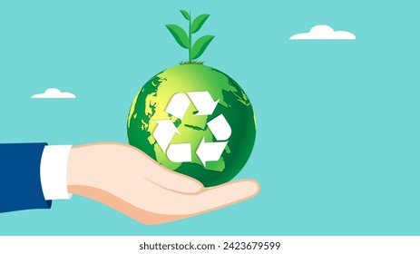 environmentally friendly industry, Environmental social and governance, sustainable business, businessman hand carrying green earth with sustainable symbol concept vector illustration with flat style