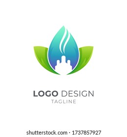 Concepto de logotipo de la industria respetuoso con el medio ambiente, hoja y fábrica