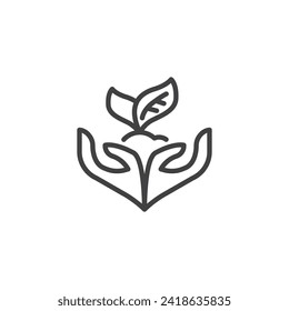 Environmentally friendly line icon. linear style sign for mobile concept and web design. Hands holding plant with leaves outline vector icon. Symbol, logo illustration. Vector graphics