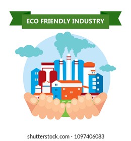 Environmentally friendly manufactore, factories, energy and clear blue sky. Flat vector cartoon illustration. Objects isolated on a white background. World Environment Day poster.