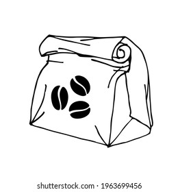 Environmentally friendly paper bag with coffee beans. Group of beans, caffeine symbol. Paper Bag Package Of Coffee, filled with coffee beans. Isolated on white background. Vector illustration.