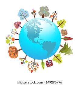Un planeta respetuoso con el medio ambiente con árboles coloridos, adecuado para temas ecológicos