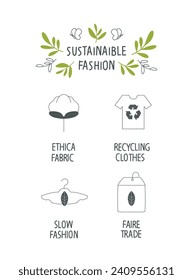 Environmentally friendly planet concept. Eco labels hand drawn sign with green leaves. Concept of recycling, fair trade, responsible ethical manufacturing, eco friendly fabric of clothing.